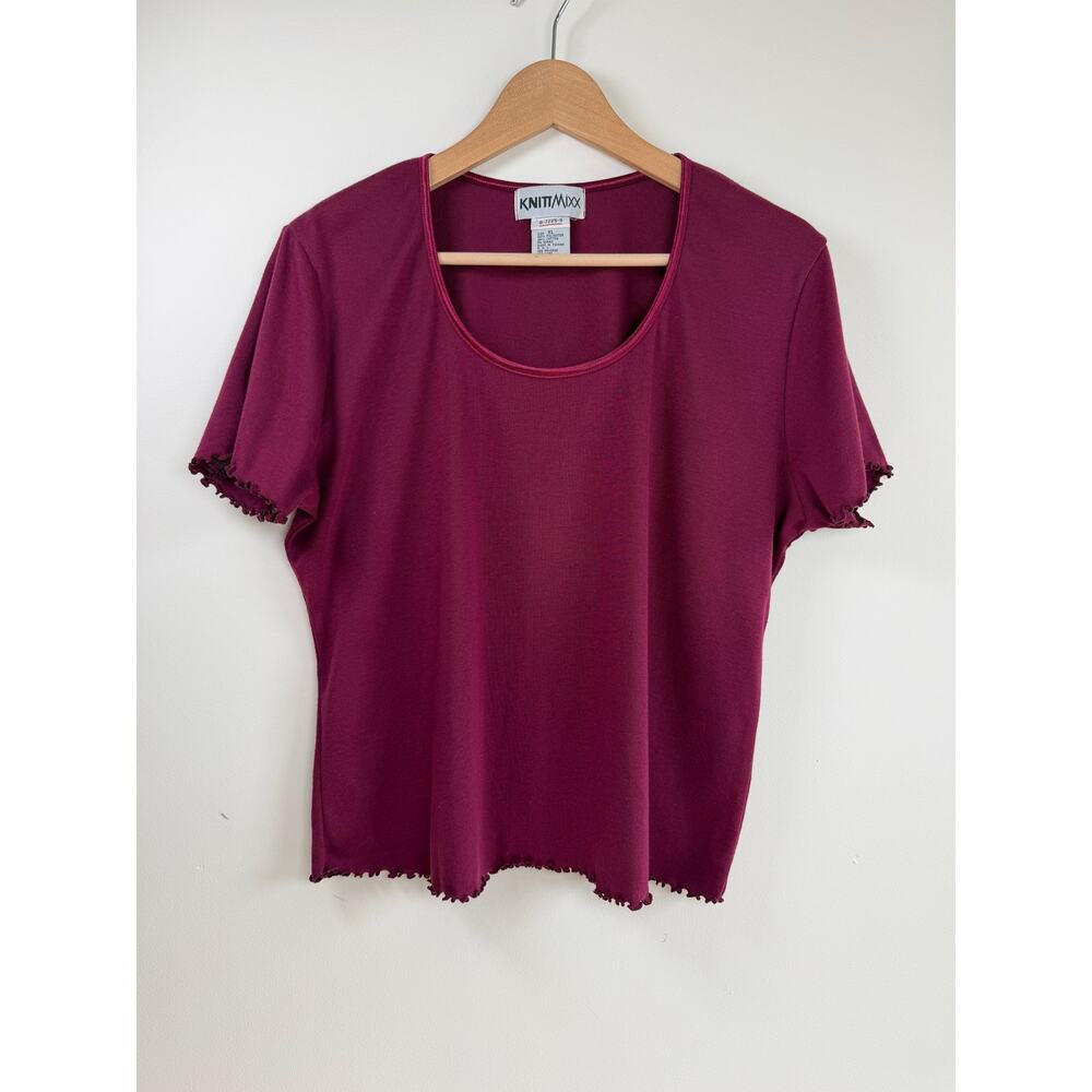 Knit Mixx Burgundy Knit Scoop Neck Lettuce Hem Short Sleeve Tee Top Red Size XL